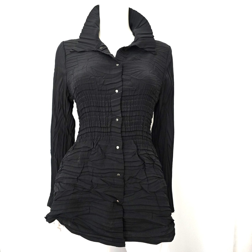 Babette Crinkle Blouse Art to Wear Shirt Size M Snap Front Long Sleeve Lagenlook